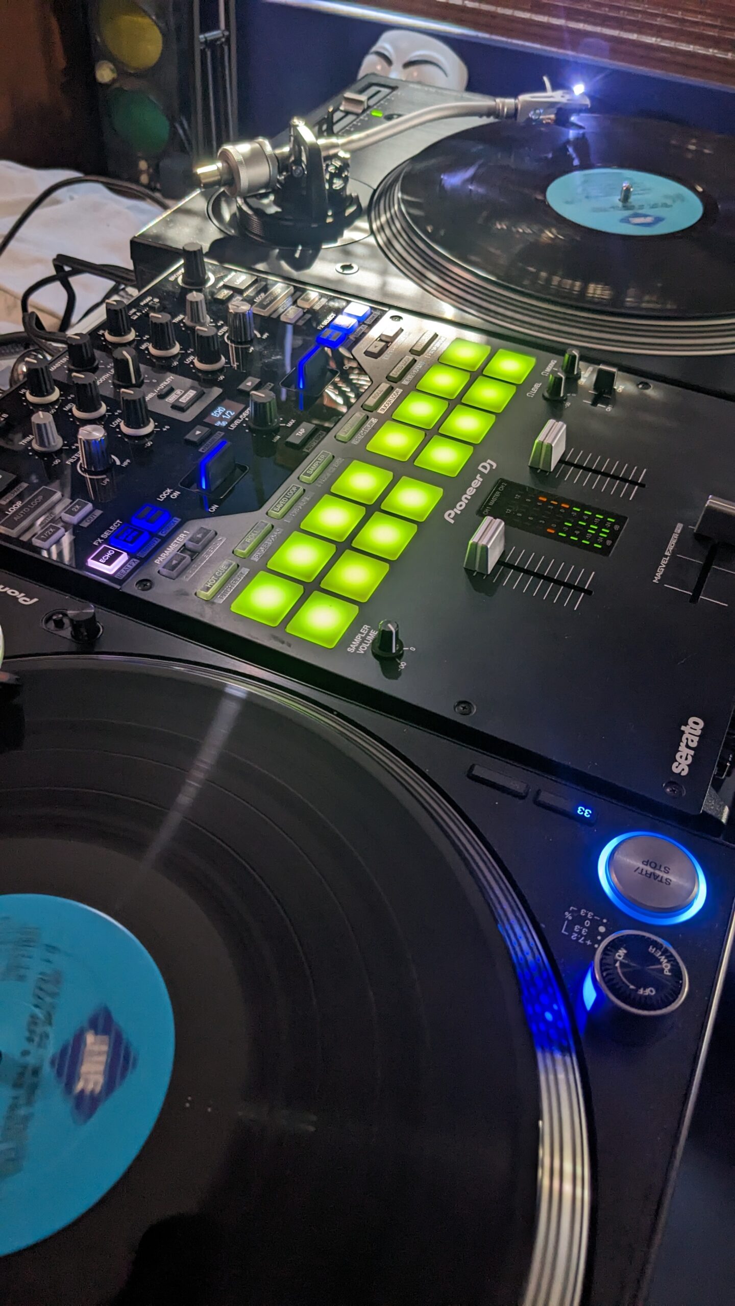 DJ setup with two Pioneer PLX-1000 professional direct drive turntables and a Pioneer DJM-S7 professional mixer inside Meticulous Beats Studio.